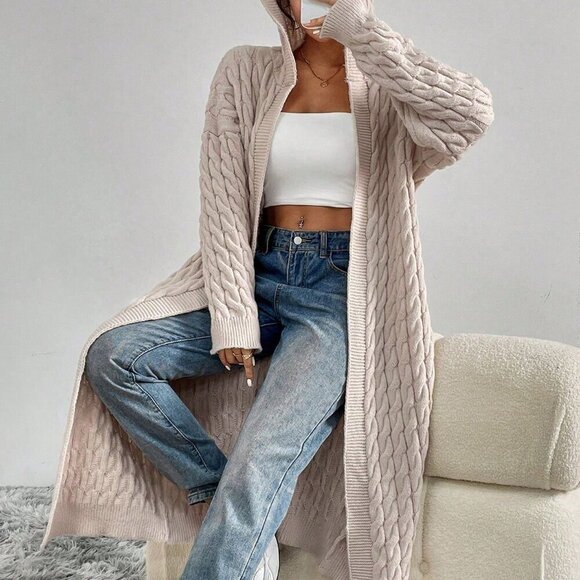 Apricot Casual Women's Drop Shoulder Open Front Hooded Longline Cardigan - Picture 6 of 8